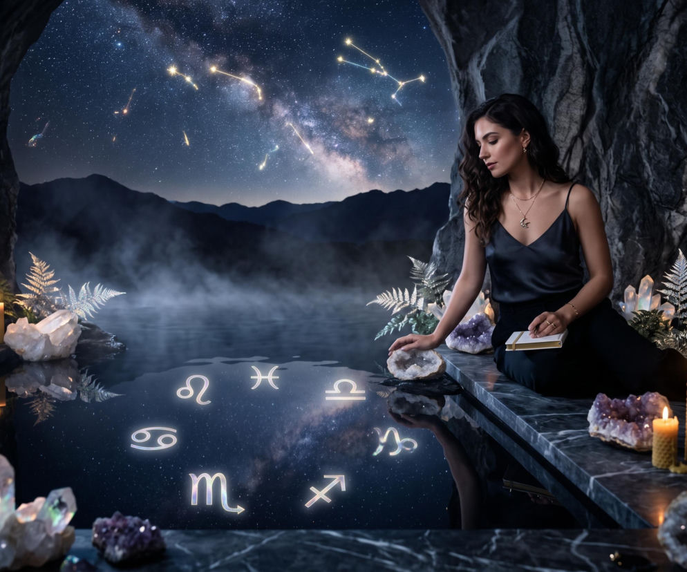 Kobieta siedzi nad taflą wody z symbolami zodiaku pod rozgwieżdżonym niebem. O horoskopie dziennym przeczytasz na SE.