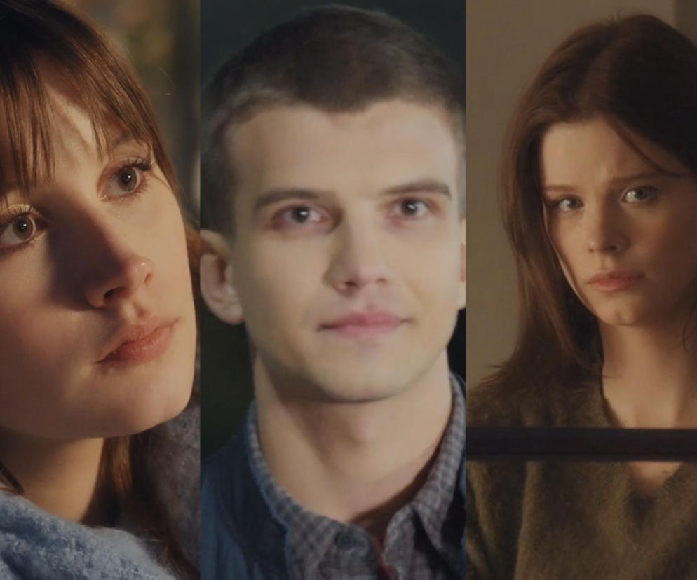 Kadry z serialu przedstawiające Majkę (Matylda Giegżno) z brązowymi włosami i niebieskim swetrem, Mateusza Mostowiaka (Rafał Kowalski) w kratę koszuli i Bogę (Sherazade Wolff) w brązowym swetrze. Między bohaterami serialu M jak miłość rozegra się walka o miłość. Więcej o tym na Super Seriale.