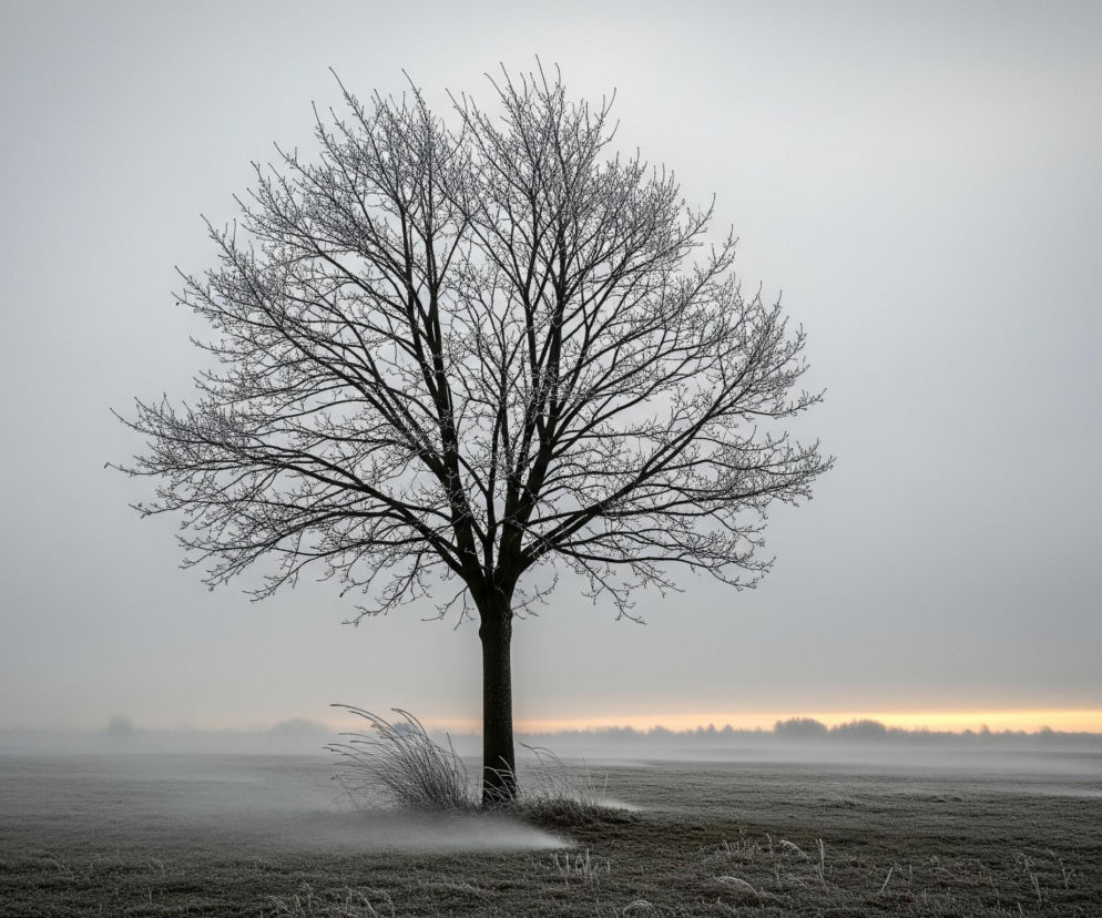Centralnie w kadrze znajduje się pojedyncze drzewo o gęsto rozgałęzionych, nagich konarach, pokrytych szronem, co nadaje im srebrzysty odcień. Pień drzewa jest ciemny i wyraźnie widoczny, kontrastując z jasnym, mglistym niebem. Drzewo rośnie na rozległym, otwartym polu pokrytym zmarzniętą, ciemną trawą i niewielkimi, zasuszonymi roślinami. Po lewej stronie pnia drzewa widoczny jest kęp wysokich, suchych traw.

Teren jest spowity gęstą mgłą, która unosi się nisko nad ziemią, tworząc delikatne, rozmyte smugi. Horyzont na prawym krańcu obrazu rozświetla wąski pas pomarańczowego światła, sugerujący wschód lub zachód słońca. Niebo powyżej to jednolita szarość, stopniowo rozjaśniająca się ku górze.