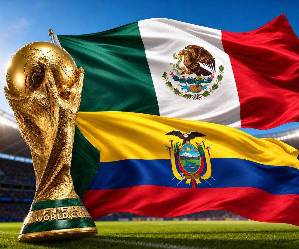 Trofeum Mistrzostw Świata FIFA na tle powiewających flag Meksyku i Ekwadoru, symbolizujące rywalizację drużyn w 1/16 finału Mundialu 2026. Szczegółowe informacje o tym meczu znajdziesz na naszym portalu.