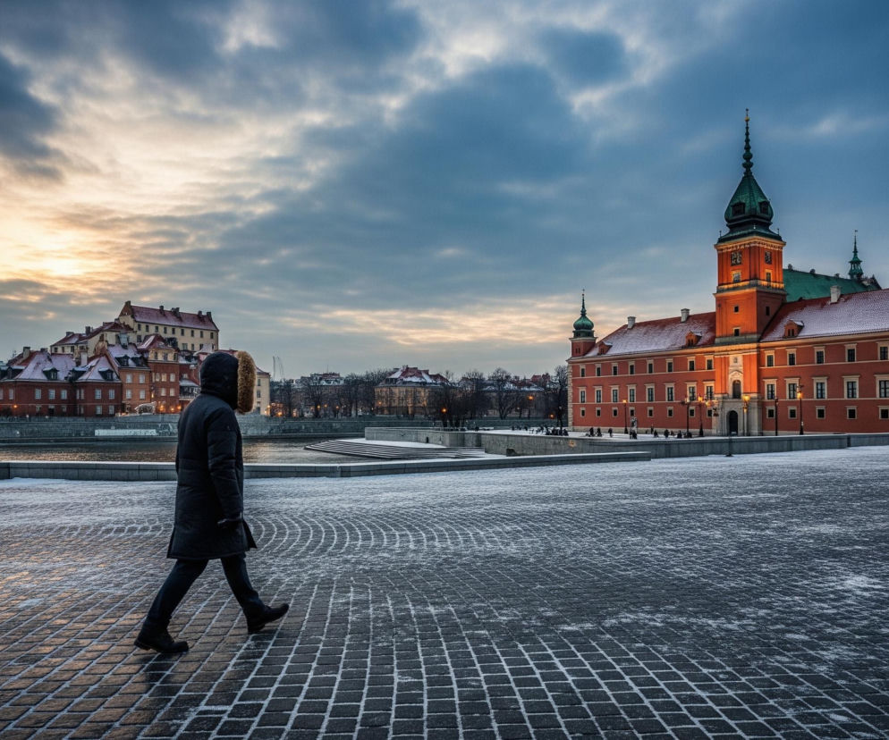 Na pierwszym planie, z lewej strony, widać osobę w ciemnej zimowej kurtce z futrzanym obszyciem kaptura, idącą po brukowanym placu pokrytym cienką warstwą śniegu. Plac rozciąga się w głąb obrazu, a jego powierzchnia odbija subtelne, ciepłe światło zachodzącego słońca. W tle dominuje duży, ceglany budynek z zielonymi dachami i spiczastymi wieżami, częściowo pokrytymi śniegiem, oświetlony pomarańczowym blaskiem. Po lewej stronie, za placem, widać rzekę z betonowym brzegiem, a dalej kolejne budynki z czerwonej cegły, również z ośnieżonymi dachami, oraz nagie drzewa na tle zachmurzonego nieba, które przechodzi od błękitno-szarego do złoto-pomarańczowego horyzontu.