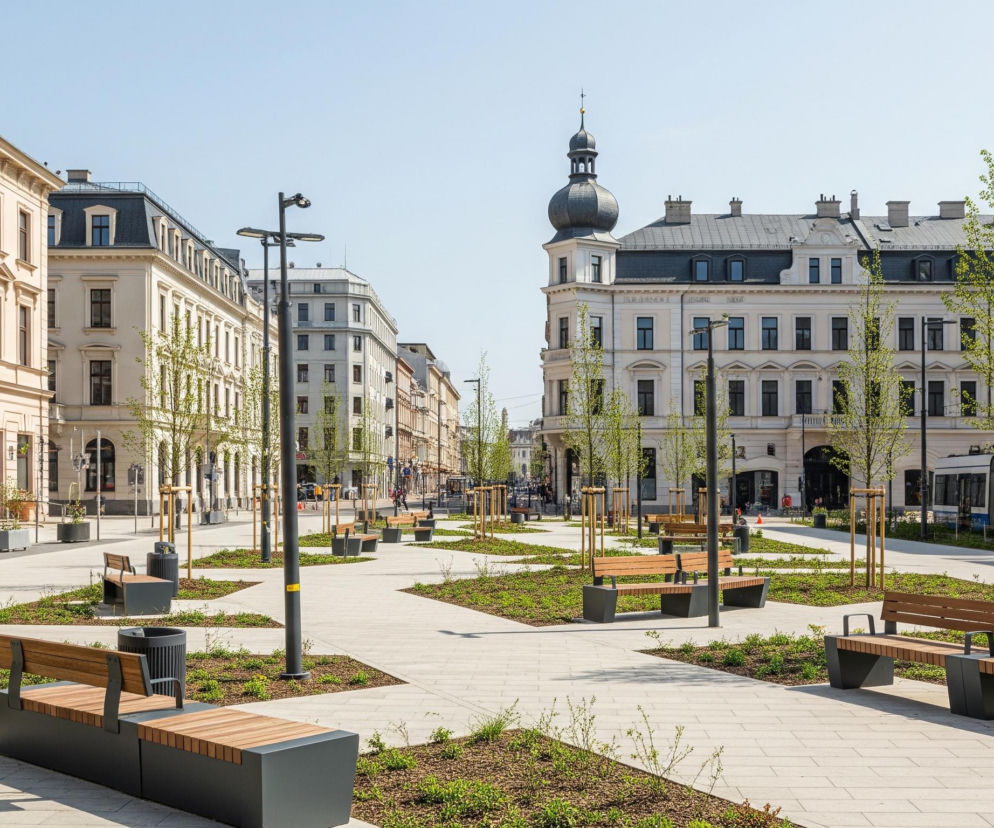 W centrum kadru rozciąga się miejski plac wyłożony jasnymi, prostokątnymi płytami chodnikowymi, z licznymi zielonymi rabatami o nieregularnych kształtach, obsadzonymi świeżo posadzonymi drzewami z młodymi, jasnozielonymi liśćmi. Na rabatach, a także na krawędziach placu, rozmieszczone są nowoczesne ławki z drewnianymi siedziskami i ciemnymi, metalowymi podstawami oraz kilka słupów oświetleniowych w ciemnym kolorze. Po lewej stronie placu widać rząd jasnobeżowych kamienic z licznymi oknami i ozdobnymi fasadami, a po prawej stronie placu znajduje się inna kamienica z ciemnym, ozdobnym dachem i charakterystyczną kopułą na narożniku, za którą przejeżdża biało-niebieski tramwaj. W tle, na końcu ulicy, widać kolejne budynki miejskie, a niebo jest czyste i jasnoniebieskie.