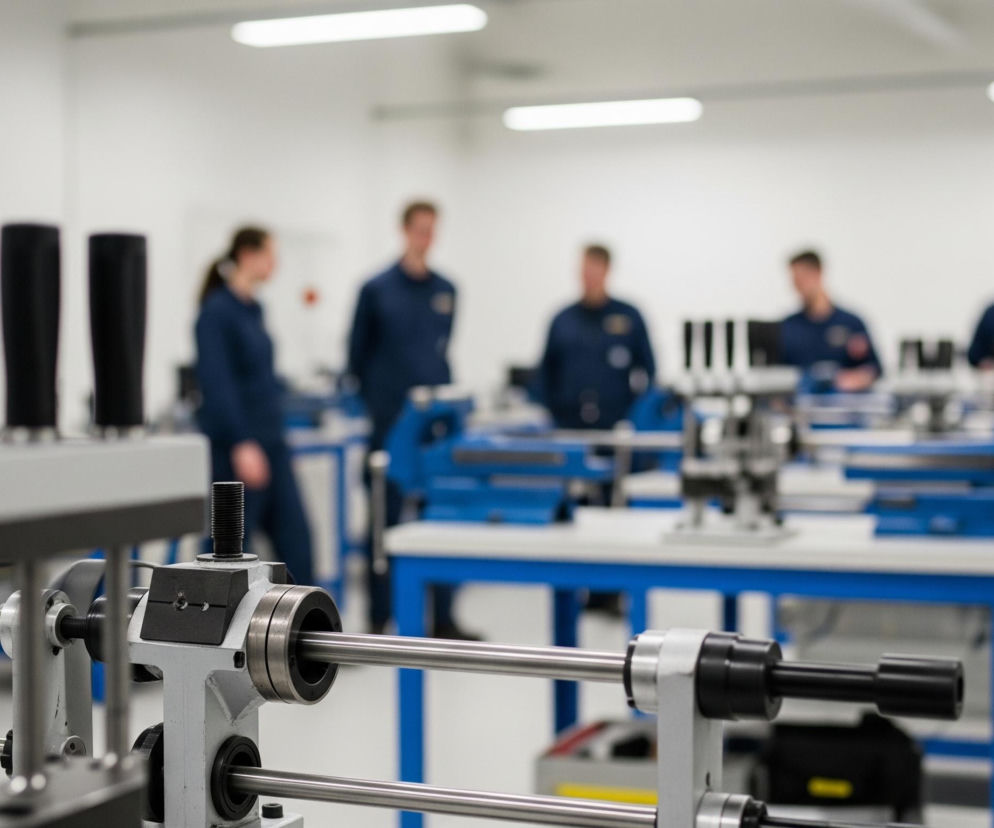 Na pierwszym planie, z lewej strony, widoczna jest część maszyny z kilkoma czarnymi, cylindrycznymi elementami osadzonymi w szarej, metalowej konstrukcji, z której wystają stalowe pręty. W tle, rozmyte, stoją osoby ubrane w ciemnoniebieskie uniformy, pracujące przy rzędzie białych stołów z niebieskimi ramami, na których znajdują się różne urządzenia. Całe pomieszczenie jest jasne, oświetlone białymi lampami sufitowymi.