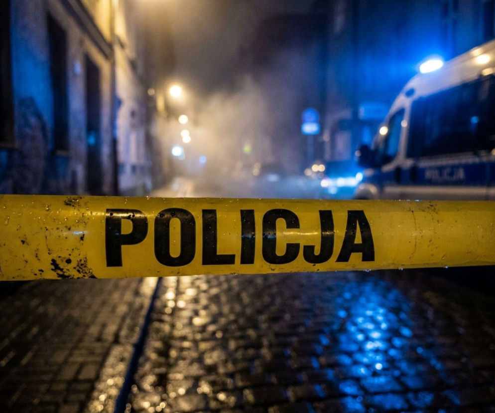 Taśma policyjna na miejscu zdarzenia w nocy