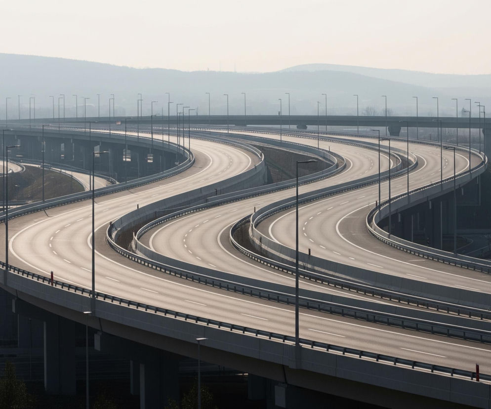 Na pierwszym planie widoczny jest rozbudowany węzeł autostradowy z wieloma pasami ruchu, wijącymi się w zakręty i łuki. Betonowe bariery oddzielają pasy, a po ich bokach rozmieszczone są liczne latarnie uliczne. Większość powierzchni jezdni jest jasna, oświetlona, co kontrastuje z ciemnymi, zacienionymi elementami konstrukcji mostów i zielonymi skarpami po bokach. W tle widoczne są zamglone wzgórza i niewyraźne zarysy innych mostów, zlewające się z jasnym, lekko zamglonym niebem.