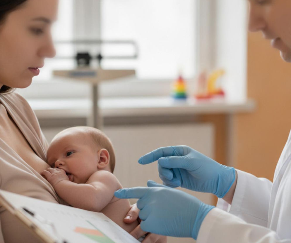 Lekarz w rękawiczkach wskazuje na niemowlę u matki. O ryzyku porad AI w laktacji przeczytasz na Poradnik Zdrowie.