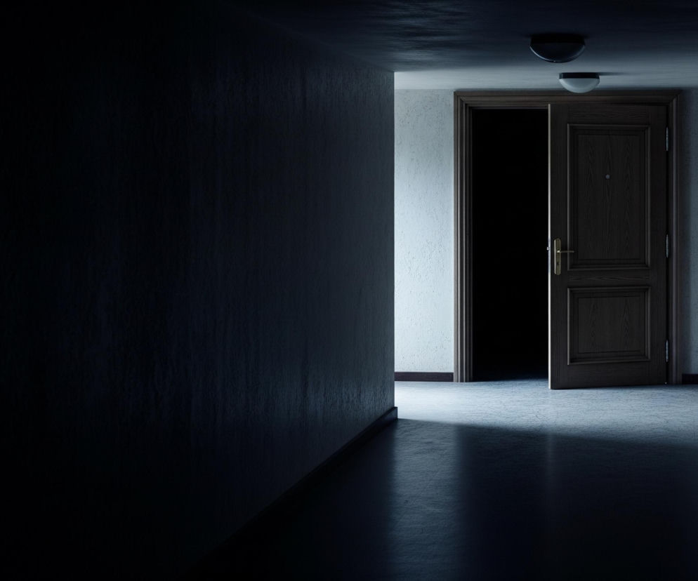 Długi, ciemny korytarz rozciąga się w głąb obrazu, z lewą ścianą niemal całkowicie pogrążoną w cieniu, natomiast prawą częściowo oświetloną. Na końcu korytarza znajduje się otwarte ciemnobrązowe drzwi z metalową klamką, prowadzące do całkowicie czarnego pomieszczenia, otoczone jasnym, teksturowanym murem. Powyżej widoczne są dwie okrągłe oprawy oświetleniowe przymocowane do sufitu, z czego jedna jest ciemna, a druga częściowo oświetlona, oraz trzy prostokątne skrzynki przymocowane do ściany po prawej stronie. Betonowa podłoga odbija słabe światło, przechodząc od jasnych tonów z tyłu do niemal całkowitej ciemności z przodu.
