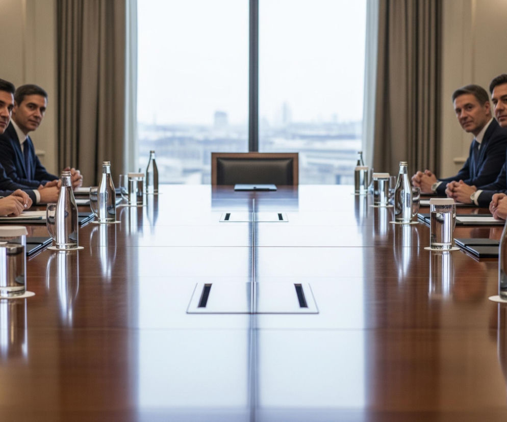 Długi, polerowany stół konferencyjny z ciemnego drewna dominuje w centrum kadru, odbijając otoczenie i znajdujące się na nim przedmioty. Po obu stronach stołu siedzi po trzech mężczyzn, ubranych w ciemne garnitury i krawaty, spoglądających w kierunku środka stołu. Na stole widać szklane butelki z wodą, szklanki oraz notatniki z długopisami, ułożone przed każdym z uczestników. W tle, za stołem, rozciąga się duże okno z widokiem na miejski krajobraz pod pochmurnym niebem, a po bokach okna widoczne są beżowe zasłony. Na ścianach, nad głowami mężczyzn, wiszą ozdobne, złote kinkiety.
