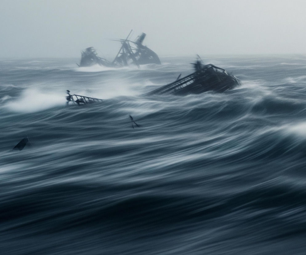 Głębia oceanu w odcieniach ciemnego błękitu i szarości dominuje obraz, z wysokimi falami z rozbryzgami białej piany. Kilka zardzewiałych, czarnych wraków statków, częściowo zanurzonych, jest rozrzuconych po falach, największy z nich widoczny jest w tle, otoczony mgłą. Rozmycie ruchu fal podkreśla dynamiczną akcję wzburzonego morza, a niebo w tle jest jasnoszare i zamglone, zlewając się z horyzontem.