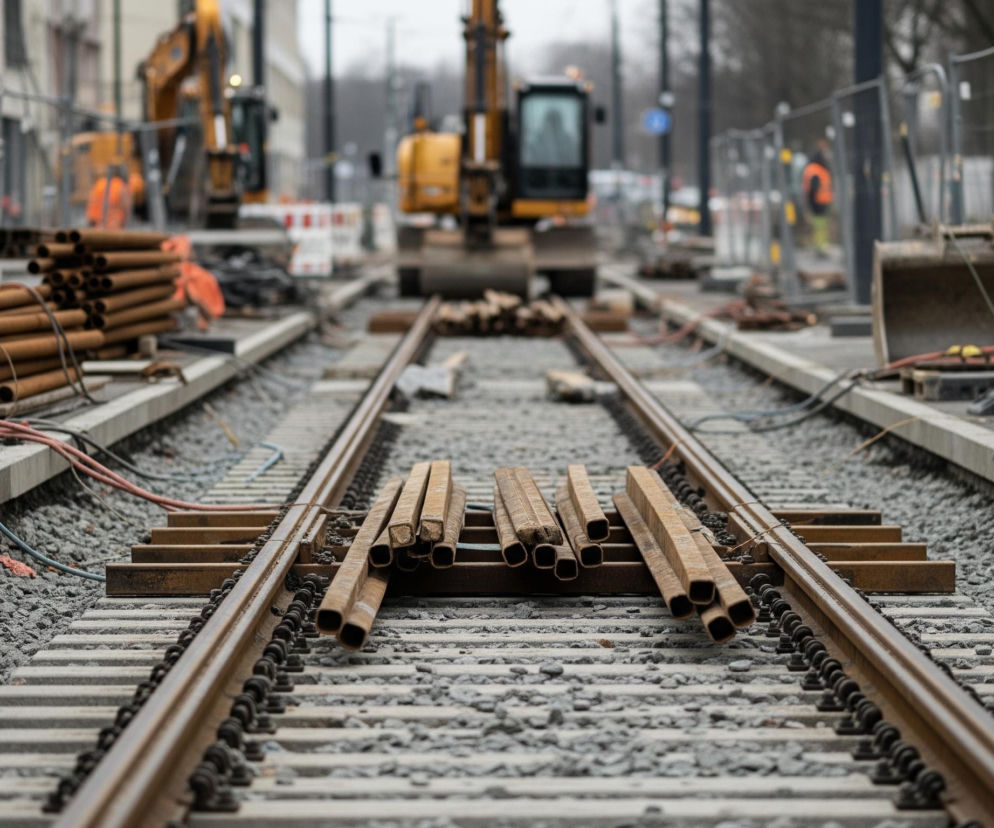 Na pierwszym planie, centralnie, biegną dwie równoległe szyny tramwajowe lub kolejowe, otoczone szarym, drobnym kruszywem. Pomiędzy szynami leży kilka rzędów zardzewiałych, pustych w środku, prostokątnych profili metalowych. Po bokach torowiska widoczne są biało-czerwone plastikowe bariery drogowe oraz stosy rudych rur, a w tle rozmyte postacie w pomarańczowych kamizelkach i żółte koparki wskazują na trwające prace budowlane. Całość jest utrzymana w stonowanych, szarych i brązowych barwach, z niewielkimi akcentami pomarańczowego i czerwonego.