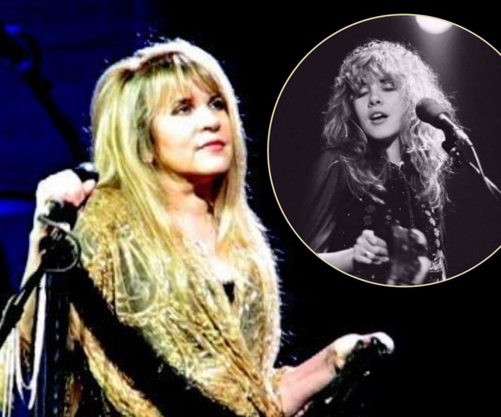 Stevie Nicks, legenda rocka, w dwóch odsłonach: na pierwszym planie w kolorze, z długimi blond włosami i złotym szalem, śpiewająca do mikrofonu na scenie. W okrągłym wizerunku, czarno-biała fotografia przedstawiająca młodszą Nicks z burzą kręconych włosów, również przy mikrofonie. Więcej o karierze artystki przeczytasz na naszym portalu.
