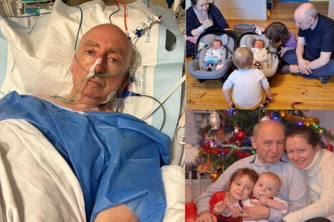 Doktor Krzysztof w szpitalu, z cewnikami i maską tlenową, oraz na dwóch rodzinnych zdjęciach z żoną i dziećmi, w tym z niemowlętami. Poradnik Zdrowie informuje o jego walce o życie i potrzebie operacji.