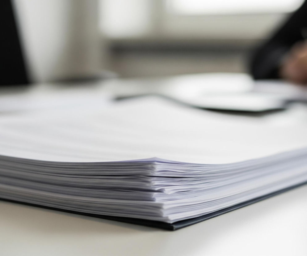 Stos białych kartek papieru leży na płaskiej, jasnej powierzchni stołu. Kartki są lekko zaokrąglone w górnej części, a ich krawędzie są widoczne jako cienkie, poziome linie. Pod stosem papieru znajduje się ciemna oprawa, prawdopodobnie segregatora lub teczki. W tle widoczne są rozmyte elementy, w tym czarna powierzchnia po lewej i ciemny kształt po prawej, sugerujący obecność osoby lub przedmiotu.