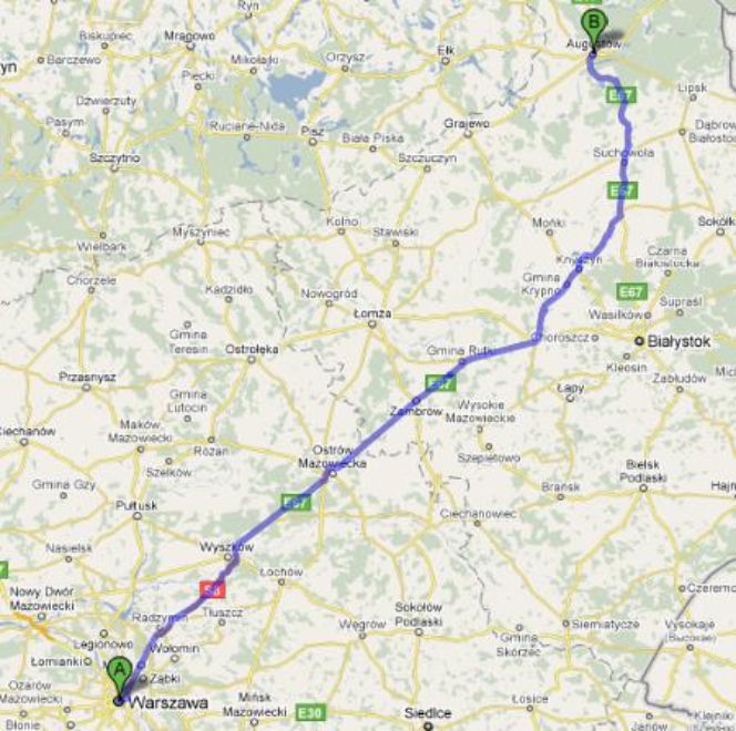 Trasa E67 i 8/E67 Warszawa-Augustów - mapka