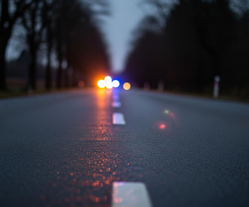 Asfaltowa droga, o szarym odcieniu, dominuje środek obrazu, rozciągając się w dal. Jej powierzchnia pokryta jest drobnymi kroplami wody, które odbijają światło, tworząc efekt bokeh. Na horyzoncie widoczne są rozmyte światła pojazdów: po lewej stronie pomarańczowe i żółte, a po prawej wyraźne niebieskie punkty. Po obu stronach drogi rosną drzewa, ich ciemne sylwetki wtapiają się w szarość nieba.