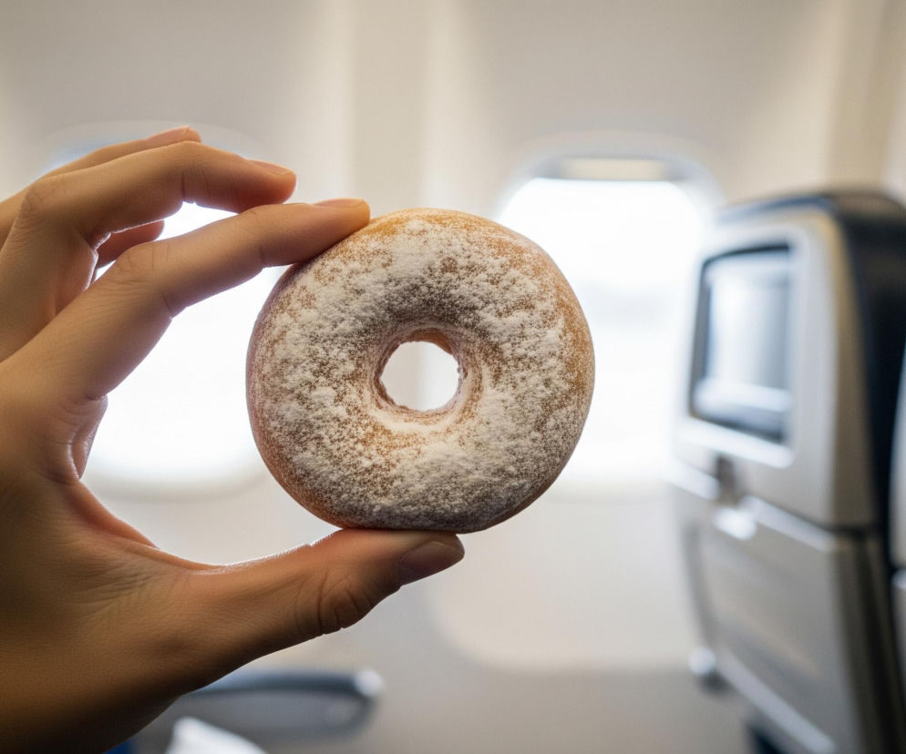 Dłoń z pierścionkiem na palcu serdecznym trzyma pączka posypanego cukrem pudrem, znajdującego się w centrum kadru. Pączek ma złocistobrązowy kolor i wyraźną dziurkę w środku. Tło jest rozmyte, ukazując wnętrze samolotu z rzędami siedzeń po obu stronach i okienkami, z których rozpościera się jasny widok.