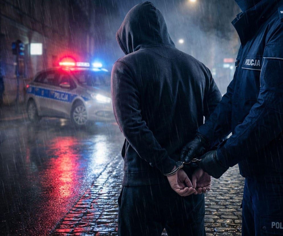 Policjant zakłada kajdanki podejrzanemu