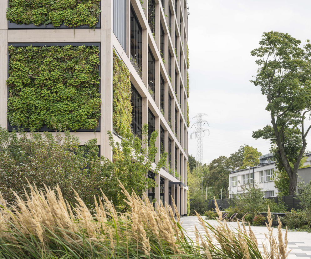 Budynek biurowy o betonowej elewacji z pionowymi pasami zieleni, wkomponowany w otoczenie zieleni. Architektura Murator Plus to idealne miejsce, by dowiedzieć się więcej o tym innowacyjnym projekcie Kampusu CD PROJEKT RED, łączącym funkcjonalność z ekologią.