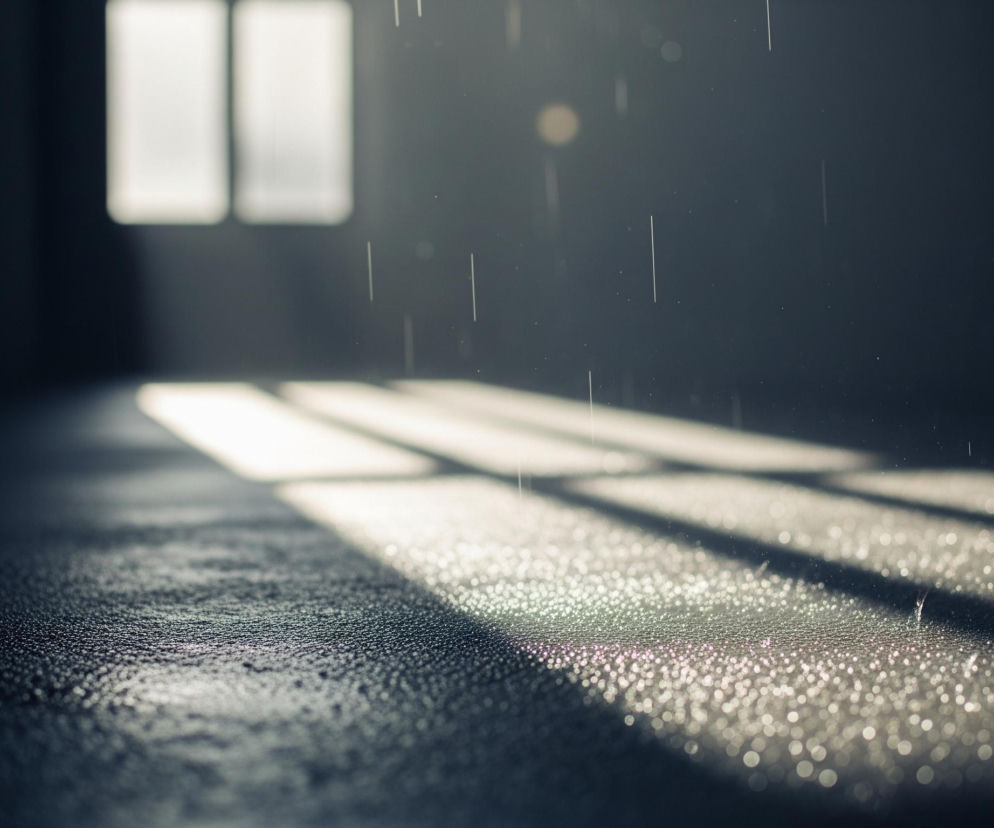 Podłoga pokryta jest drobnymi kropelkami wody, które odbijają światło, tworząc efekt brokatu, szczególnie w obszarach padających na nią smug światła. Z prawej strony widać wyraźne, prostokątne pasy jasnego światła, które zdają się przechodzić przez coś na wysokości i rzucać cień na podłogę. W tle, po lewej stronie, znajdują się dwa rozmyte, prostokątne kształty, jaśniejsze niż otoczenie, przypominające okna. Całość tonie w ciemnych, szaro-granatowych barwach, a w powietrzu unoszą się pojedyncze, cienkie smugi światła, wyglądające jak krople deszczu.