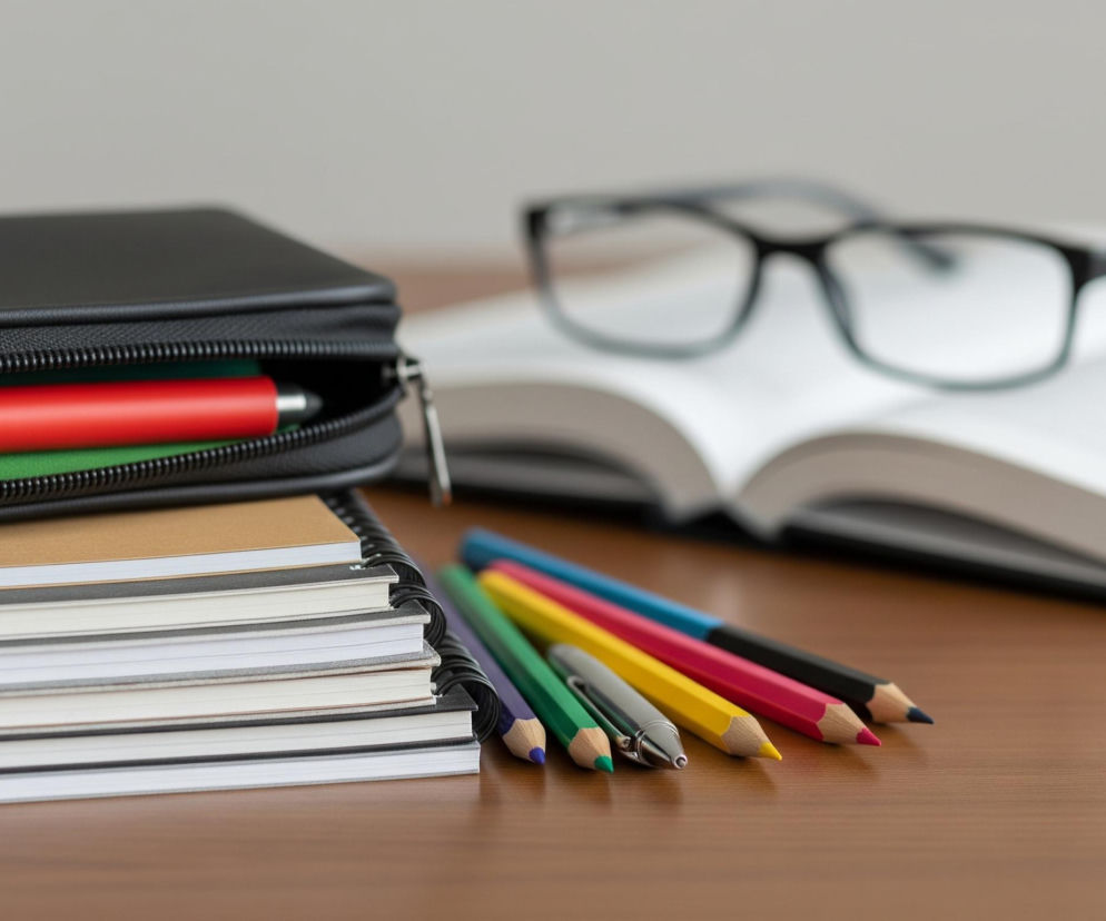 Na drewnianym blacie biurka, ułożone są przedmioty związane z pisaniem i nauką. Po lewej stronie znajduje się czarny piórnik z suwakiem, częściowo otwarty, a w nim widoczne są dwa długopisy: czerwony i niebieski. Obok piórnika leży stosik notesów z twardą oprawą i spiralnym grzbietem, z czego jeden ma brązową okładkę, a pozostałe są w odcieniach szarości i bieli. Przed notesami ułożono rząd kolorowych kredek – fioletowej, zielonej, żółtej, różowej, niebieskiej i czarnej – wraz ze srebrnym długopisem. W tle, częściowo rozmyty, leży otwarty zeszyt lub książka z białymi stronami, na którym spoczywają czarne okulary.