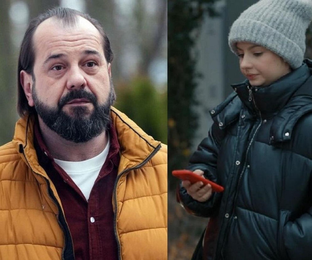 Borys (Jakub Wieczorek) w musztardowej kurtce z brodą i Ewa (Gabriela Ziembicka) w czarnej kurtce i szarej czapce, trzymająca czerwony telefon. Scena z serialu „Barwy szczęścia”, w którym Borys wyrusza do Włoch, aby sprowadzić wnuczkę do domu. Więcej o ich losach na Super Seriale.