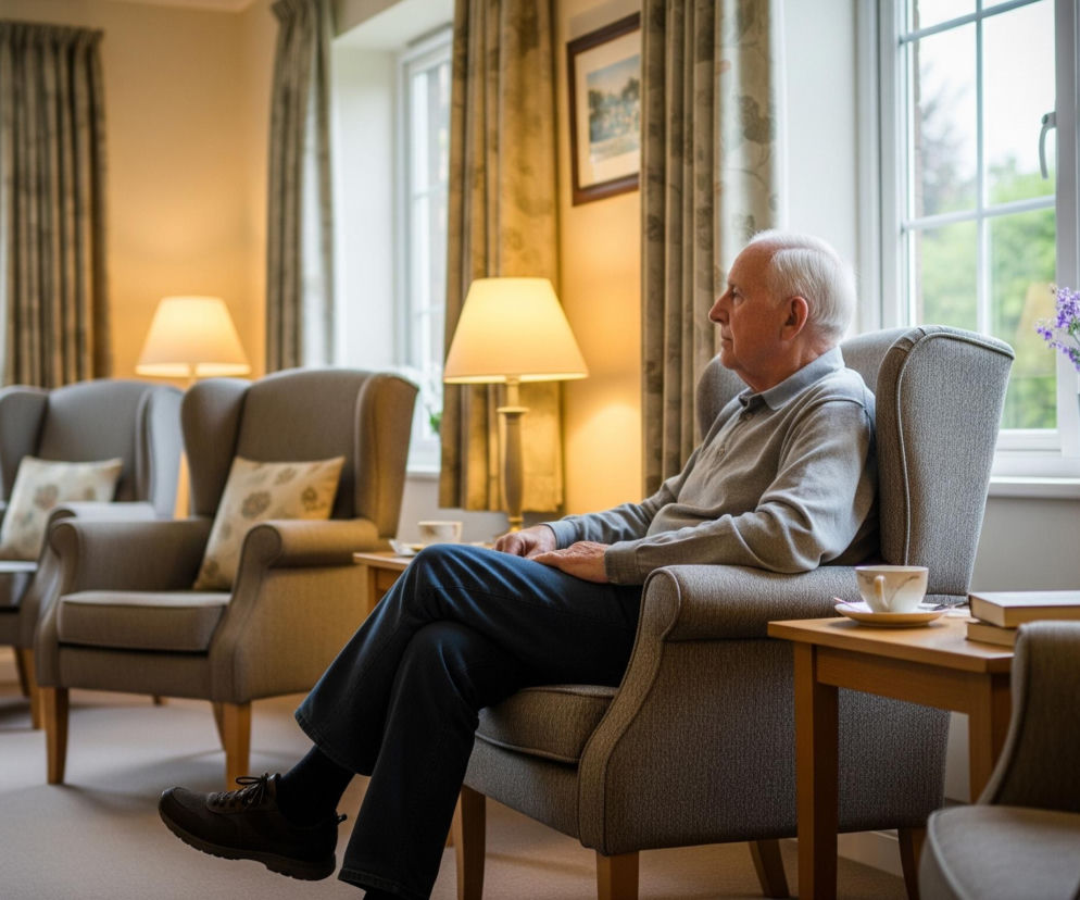 Starszy mężczyzna o siwych włosach siedzi w szarym fotelu z podłokietnikami, patrząc w lewo, w stronę okna. Ubrany jest w szary sweter polo i ciemnoniebieskie spodnie, a jego dłonie spoczywają na udach. Obok fotela znajduje się drewniany stolik z białą filiżanką i spodkiem, a dalej stoją kolejne fotele, lampy z kremowymi abażurami i okna z widokiem na zieleń. Całe pomieszczenie jest utrzymane w jasnych, stonowanych barwach.