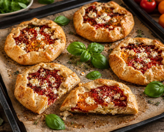 Każdy dostaje własną chrupiącą tartę. Mini galette z pomidorami i fetą znikają ze stołu szybciej niż klasyczna pizza