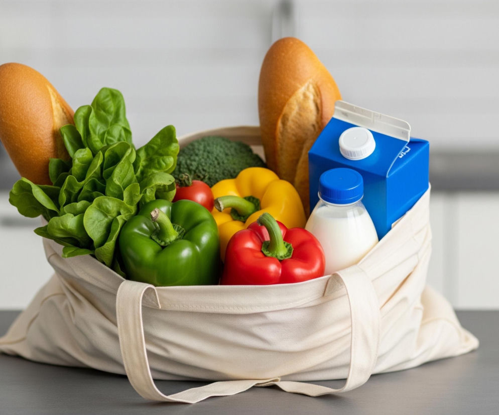 Płócienna torba z zakupami stoi na ciemnoszarym blacie, wypełniona różnorodnymi produktami spożywczymi. W torbie widoczne są dwie jasnobrązowe bagietki, obok nich duża kępa zielonej sałaty, a za nią kawałek ciemnozielonego brokuła. Przed sałatą leży zielona papryka, obok niej żółta, a z przodu czerwona papryka i pomidor. Z prawej strony torby znajduje się niebieski karton z białą nakrętką i biała butelka z niebieską nakrętką. Tło stanowi rozmyta kuchnia z jasnymi szafkami i ciemniejszym blatem.