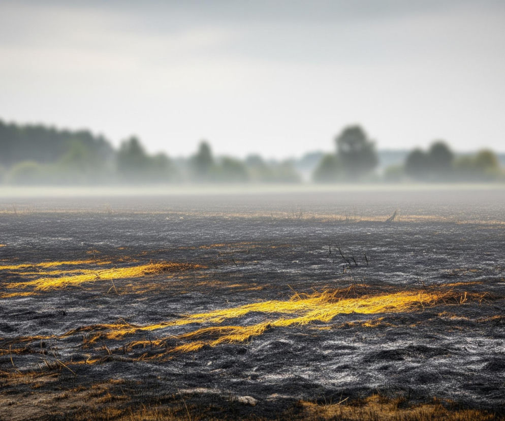 Spalone pola, pokryte ciemnym popiołem, rozciągają się w kierunku horyzontu. Wśród czarnych, pofalowanych resztek roślinności, widać wyraziste, złocisto-żółte pasma niespalonych suchych traw, biegnące faliście przez centrum kadru. W oddali, rozmyty las o ciemnozielonych liściach, częściowo przysłonięty mgłą lub dymem, oddziela pola od jasnego, zamglonego nieba.