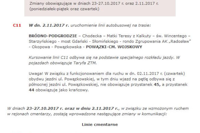 CZĘŚĆ 1      Zmiany obowiązujące w dniach 23-27.10.2017 r. oraz 2.11.2017 r. (poniedziałek-piątek oraz czwartek)