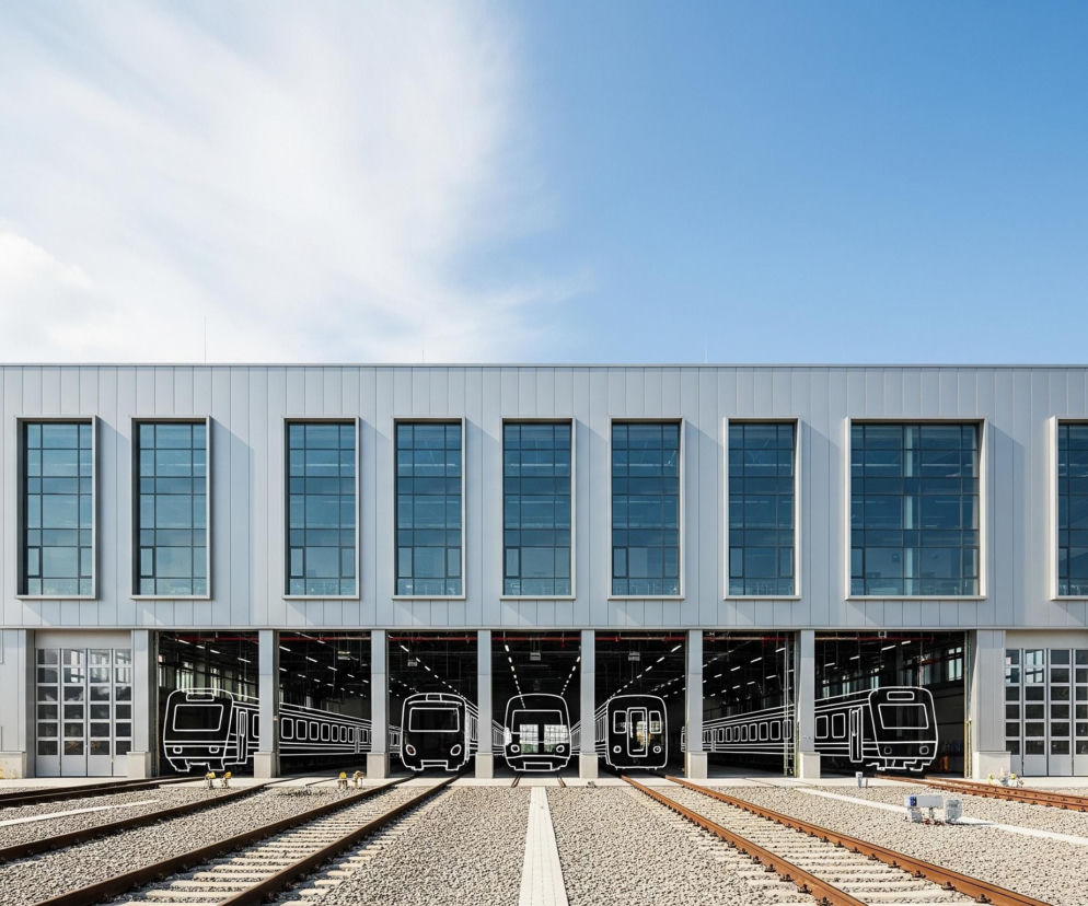 Nowoczesny, podłużny budynek w kolorze szarym zajmuje centralną część obrazu, na tle jasnoniebieskiego nieba z nielicznymi, rozproszonymi chmurami. Fasada budynku posiada dwa rzędy okien: górny z dziesięcioma dużymi, prostokątnymi oknami z ciemnymi ramami, oraz dolny z sześcioma szerokimi, otwartymi wnękami. W każdej z tych wnęk, na tle ciemnego wnętrza, widoczne są białe, konturowe rysunki różnych typów pociągów lub wagonów, przypominające szkice techniczne. Przed budynkiem rozciąga się obszar pokryty żwirem, przez który przebiegają trzy równoległe tory kolejowe z brązowymi podkładami, prowadzące w kierunku wnęk.