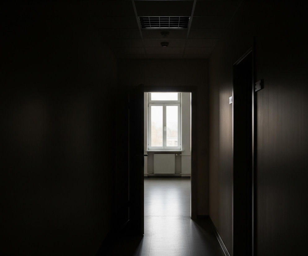 Długi, ciemny korytarz rozciąga się w głąb obrazu, z jasnym światłem wpadającym przez drzwi na jego końcu, ukazując okno i wnętrze przyległego pomieszczenia. Po lewej stronie dominuje głęboki cień, tworząc wrażenie gęstej ciemności, natomiast prawa strona korytarza jest częściowo oświetlona, uwidaczniając kremowe ściany i ciemne drzwi. Na suficie widać kratkę wentylacyjną i punktowe czujniki, a podłoga, mimo ciemności, odbija część światła z dalekiego pomieszczenia. Całość tworzy kontrast między jasnością a cieniem, prowadząc wzrok w kierunku okna.