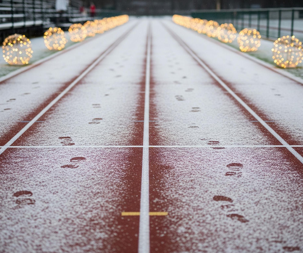 Czerwona bieżnia stadionu pokryta jest cienką warstwą świeżego białego śniegu, z widocznymi licznymi odciskami stóp. Białe linie rozgraniczające tory bieżni są częściowo pokryte śniegiem, a na jednym z torów widać krótką, żółtą linię startową. Po obu stronach bieżni, na zielonej trawie również pokrytej śniegiem, rozmieszczone są rzędy dużych, kulistych ozdób świątecznych, złożonych z metalowych konstrukcji i świecących, ciepłych, żółtych lampek. W tle widoczne są puste trybuny stadionu, pokryte śniegiem, oraz niewyraźna, ciemna siatka ogrodzenia.