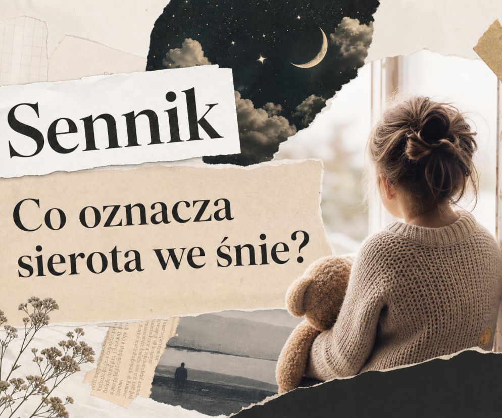 Dziewczynka z misiem patrzy przez okno. Obok napis sennik o sierocie. O znaczeniu snów przeczytasz na SE.