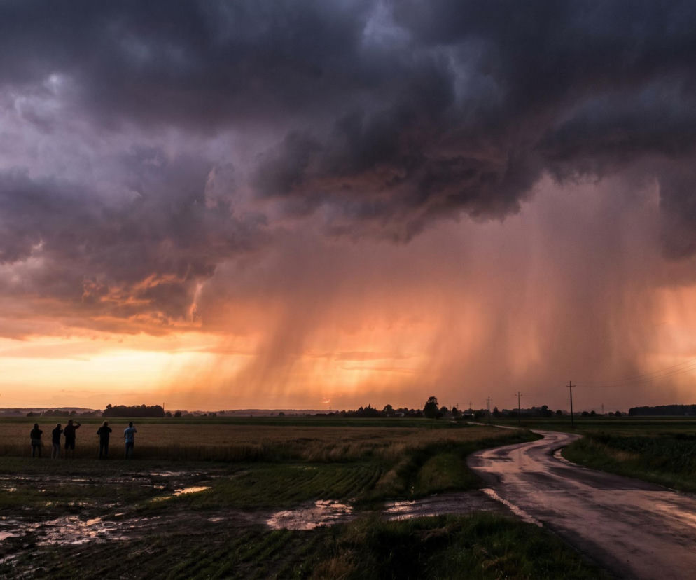 Sylwetki osób patrzących na gwałtowną burzę nad polami przy drodze. O alertach IMGW przeczytasz w Eska.