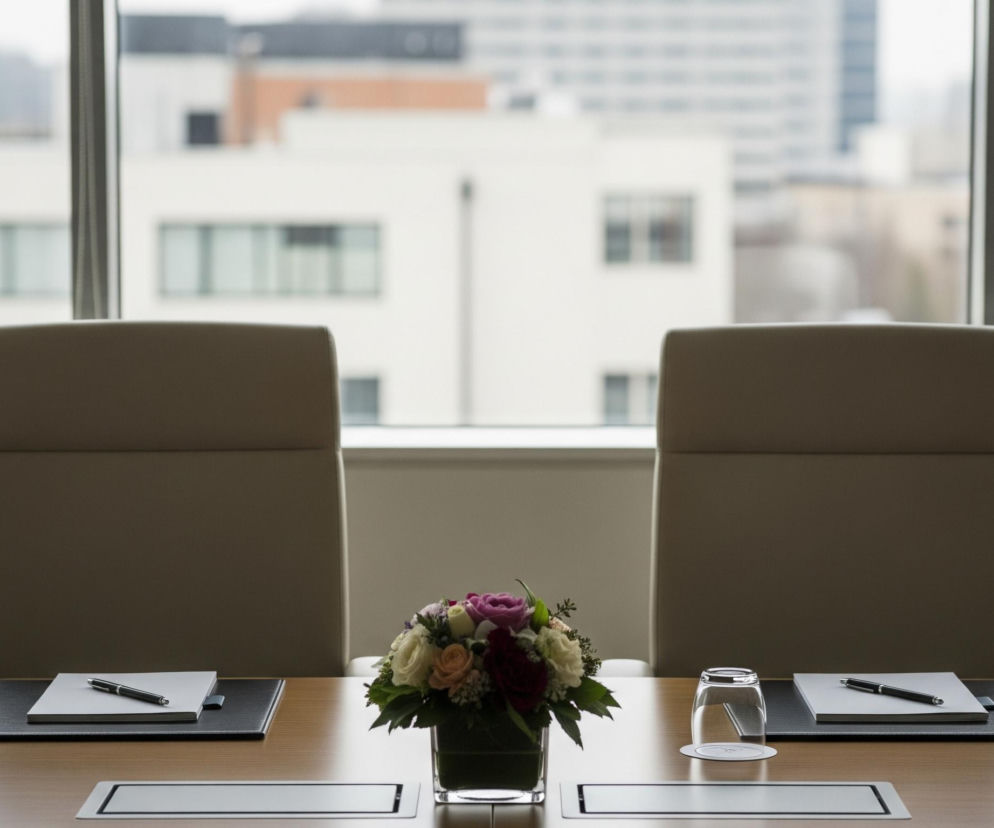 Drewniany stół konferencyjny z dwoma beżowymi fotelami obrotowymi na pierwszym planie, pomiędzy którymi stoi wazon z kompozycją różnobarwnych kwiatów. Przed każdym z foteli leży podkładka z notesem i długopisem oraz odwrócona szklanka na podstawce. W tle widać duże okno z widokiem na niewyraźne, jasne budynki miejskie.