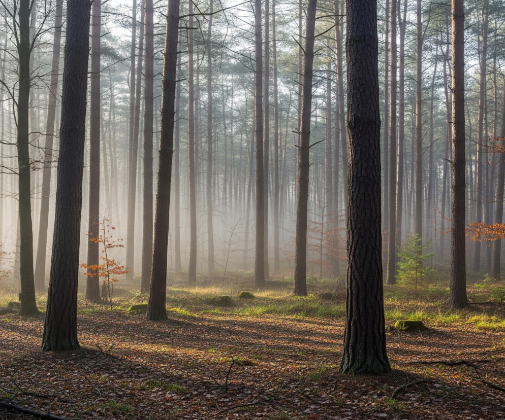 Gęsty, mglisty las sosnowy oświetlony słońcem przebijającym się przez drzewa. Na pierwszym planie widoczne są pnie kilku wysokich, ciemnobrązowych sosen, z mchem u podstawy niektórych z nich. Dno lasu pokryte jest opadłymi, brązowymi liśćmi i uschniętymi gałązkami, przeplatanymi kępkami zielonej trawy, na którą padają rozproszone plamy światła tworząc ciepłe, złociste refleksy. W głębi lasu, przez gęstą mgłę lub opary, majaczą rzędy kolejnych pni drzew, a ich zarysy stają się coraz bardziej rozmyte i jaśniejsze w miarę oddalania się.