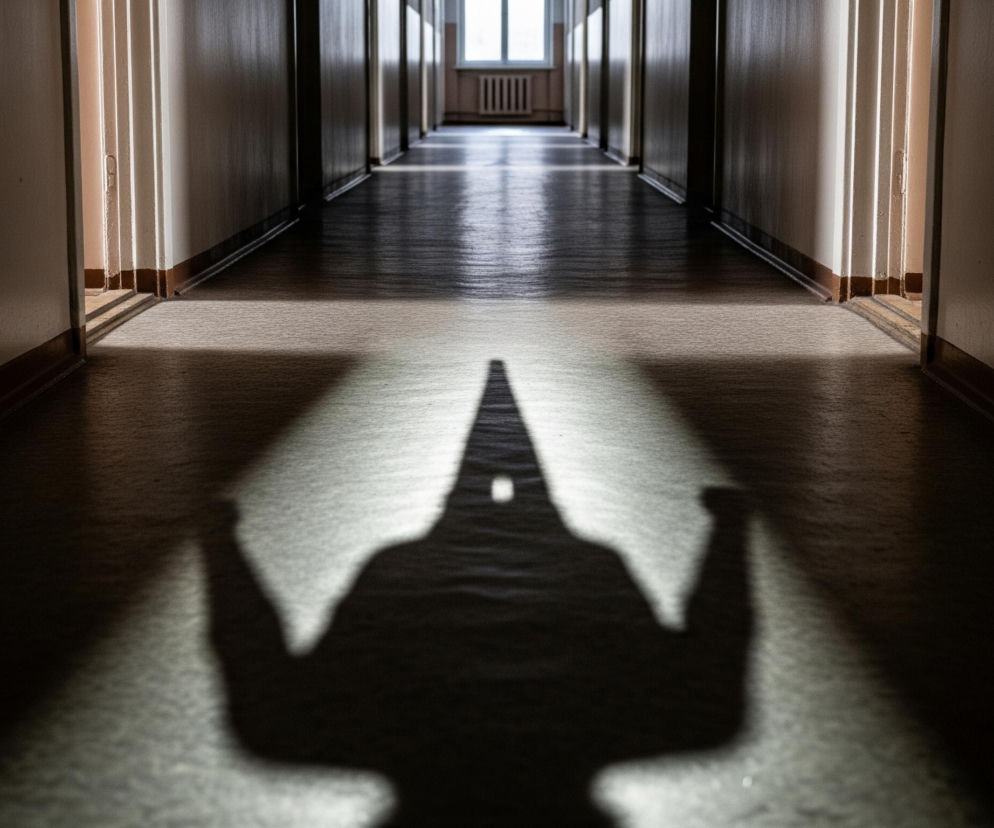 Na środku długiego, pustego korytarza widoczny jest duży, ciemny cień o nieregularnym kształcie, przypominający czarodziejski kapelusz lub nakrycie głowy z wystającymi ramionami, rzucany przez postać znajdującą się poza kadrem. Korytarz ma jasnobrązową podłogę i beżowe ściany z ciemniejszymi panelami w dolnej części, a w oddali, na jego końcu, znajduje się okno, z którego wpada jasne światło. Boczne ściany korytarza wyznaczają szereg otworów drzwiowych, widocznych po obu stronach, z białymi ościeżnicami i ciemnymi, drewnianymi drzwiami, rzucającymi długie cienie wzdłuż podłogi. Światło z okna tworzy jasną plamę na podłodze, intensywnie kontrastującą z cieniem i ciemniejszymi obszarami korytarza.