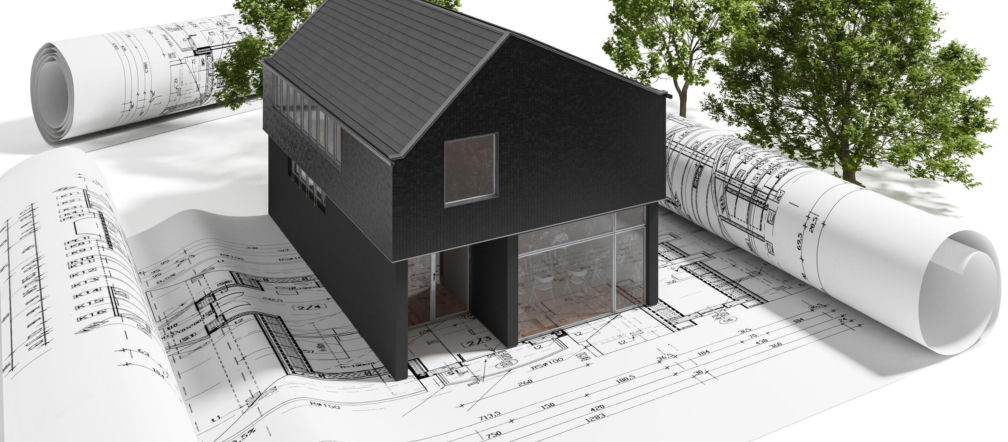 Projekt nowoczesnego domu na planach architektonicznych – wizualizacja 3D