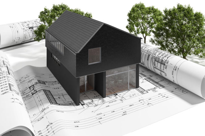 Projekt nowoczesnego domu na planach architektonicznych – wizualizacja 3D