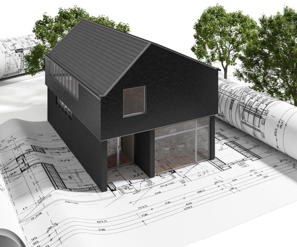 Projekt nowoczesnego domu na planach architektonicznych – wizualizacja 3D