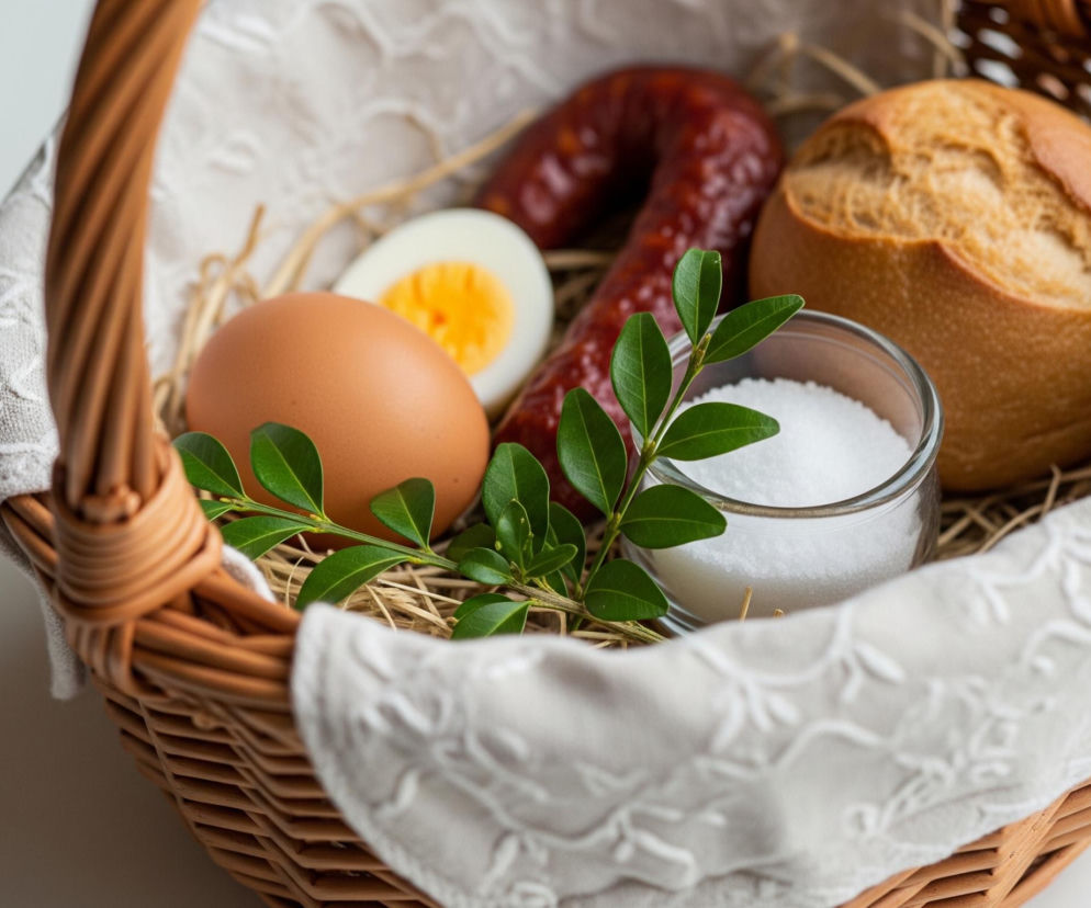 W wiklinowym koszyku z jasną, haftowaną serwetką w środku znajdują się różne produkty spożywcze ułożone na warstwie słomy. Pośrodku koszyka leży pętko ciemnoczerwonej kiełbasy oraz brązowa bułka. Obok nich widać całe, brązowe jajko, a także połówkę ugotowanego jajka z żółtym żółtkiem. Na pierwszym planie, w małej szklanej miseczce, znajduje się biała sól, a obok niej leży zielona gałązka bukszpanu.
