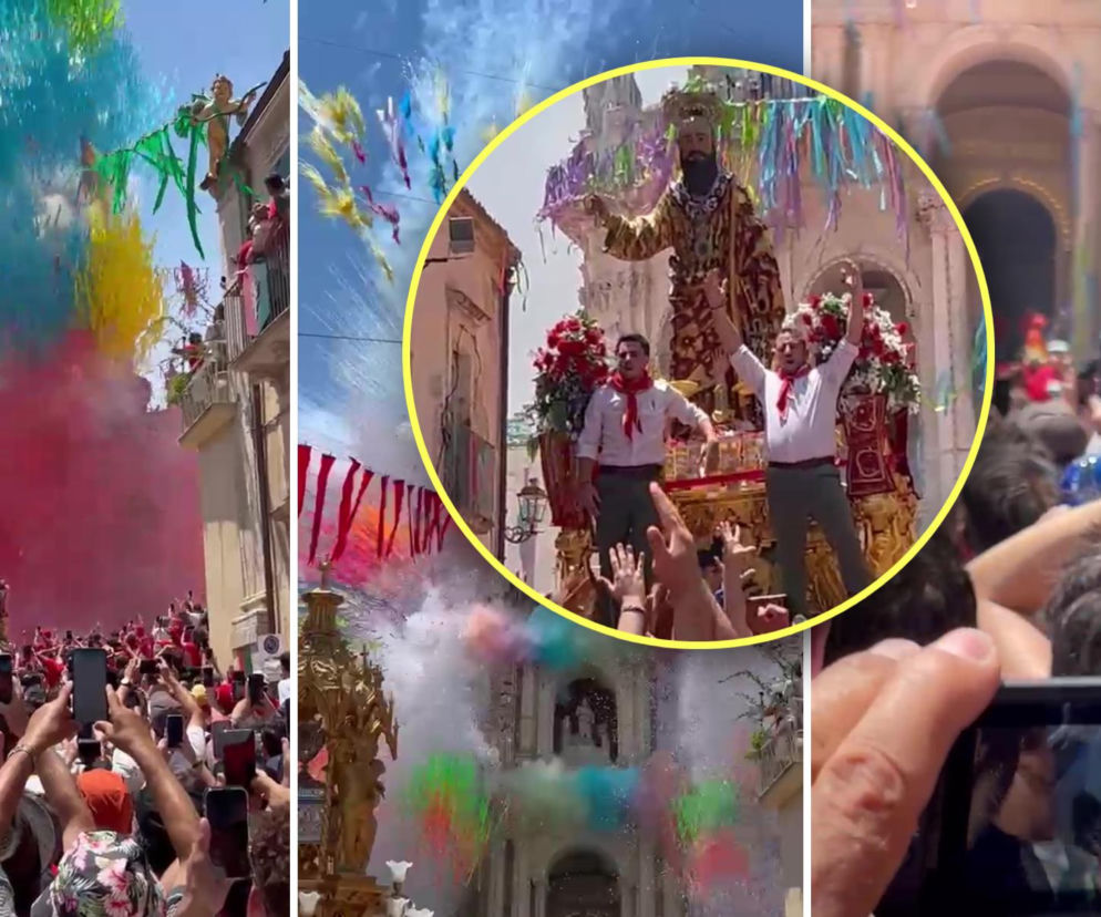Religijna procesja w Palazzolo Acreide na Sycylii, podczas której tłum ludzi otacza figurę świętego Pawła Apostoła, niesioną na barkach mężczyzn, w asyście kolorowych serpentyn i wystrzałów petard. Więcej o tradycjach na Sycylii przeczytasz na naszym portalu.