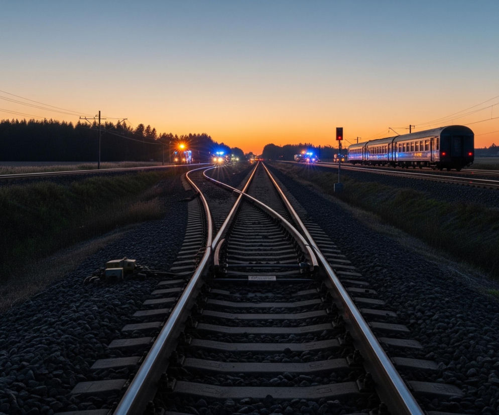 Szerokokątny widok na trzy równoległe tory kolejowe rozciągające się w głąb obrazu, gdzie dwa z nich łączą się w jeden. Tory leżą na ciemnym podsypce z tłucznia, a po ich bokach widać ciemnozieloną trawę i pola. W oddali po lewej stronie majaczy ciemny las, a po prawej stronie widać drugi, również ciemny las, za którym znajdują się słupy trakcyjne i linie energetyczne.

Niebieski pociąg, z jaskrawo podświetlonymi oknami i tylnymi czerwonymi światłami, stoi na najbardziej prawym torze, zwrócony tyłem do widza. W dalszej odległości, na torze środkowym, widoczne są dwa pociągi jadące w kierunku widza, ich reflektory świecą mocnym, białym światłem z niebieską poświatą. Niebo nad horyzontem jest w odcieniach intensywnego pomarańczu i błękitu, przechodząc w jaśniejszy błękit ku górze.