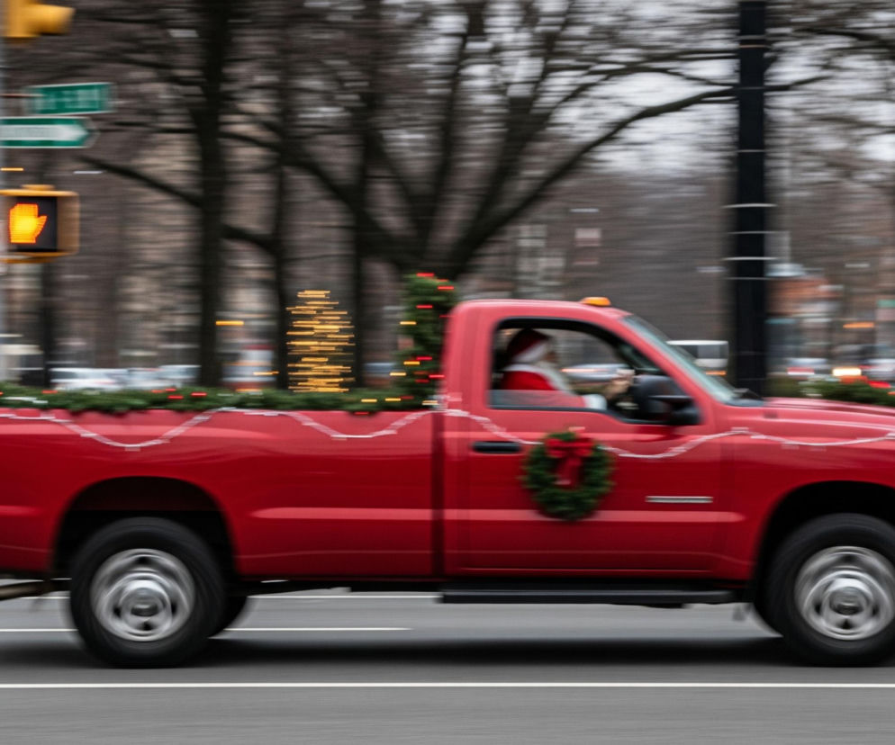Czerwony pickup pędzi drogą, z rozmytym tłem, co sugeruje ruch. Pojazd jest udekorowany świątecznymi ozdobami, takimi jak girlandy z czerwonymi akcentami i wieńce, a w kabinie widać osobę w czerwonym stroju z białą brodą i czapką, przypominającą Świętego Mikołaja. Na poboczu drogi stoją drzewa z nagimi gałęziami oraz słupy, jeden z nich z sygnalizacją świetlną dla pieszych wskazującą pomarańczową dłoń, a także rozmyte światełka choinkowe.