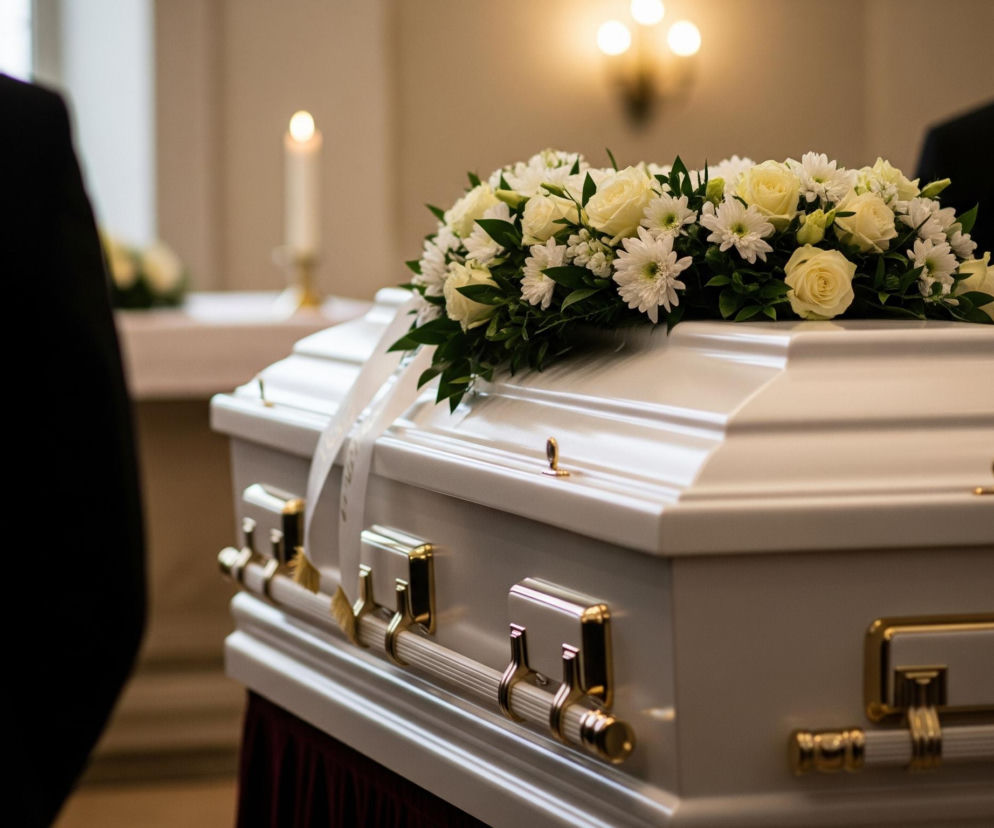 Na pierwszym planie, centralnie, widoczna jest biała trumna ze złotymi elementami ozdobnymi, pokryta wieńcem z białych róż i chryzantem, z zielonymi liśćmi. Z lewej strony widać fragment ramienia i pleców osoby ubranej w ciemny garnitur, a z prawej strony również niewyraźne sylwetki dwóch osób w ciemnych ubraniach. W tle, na środku, delikatnie rozmazana płonie biała świeca, a nad nią widoczne są trzy jasne punkty światła, prawdopodobnie żarówki w oprawie ściennej.