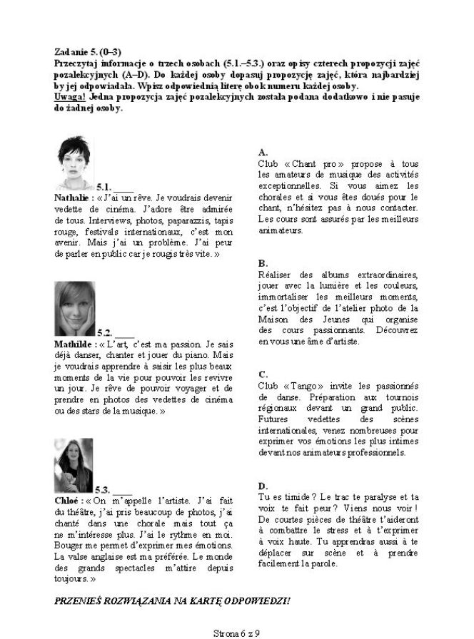 EGZAMIN GIMNAZJALNY 2014 JĘZYK FRANCUSKI - ARKUSZE z CKE poziom ROZSZERZONY