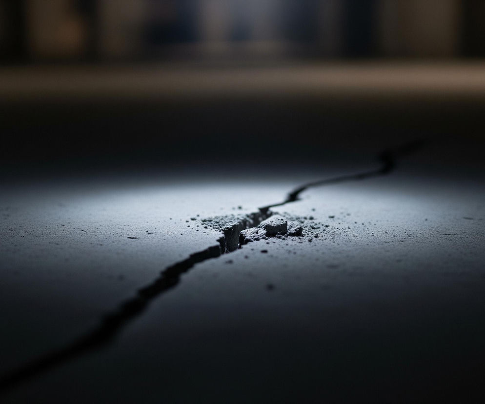 Głównym elementem jest pęknięcie biegnące przez ciemną, szorstką powierzchnię, prawdopodobnie betonu, rozjaśnioną miejscowo snopem światła. Szczelina jest nieregularna i szeroka w środkowej części, gdzie widoczne są luźne fragmenty materiału. Tło jest rozmyte i ciemne, z jaśniejszym obszarem u góry, sugerującym odległe źródło światła.