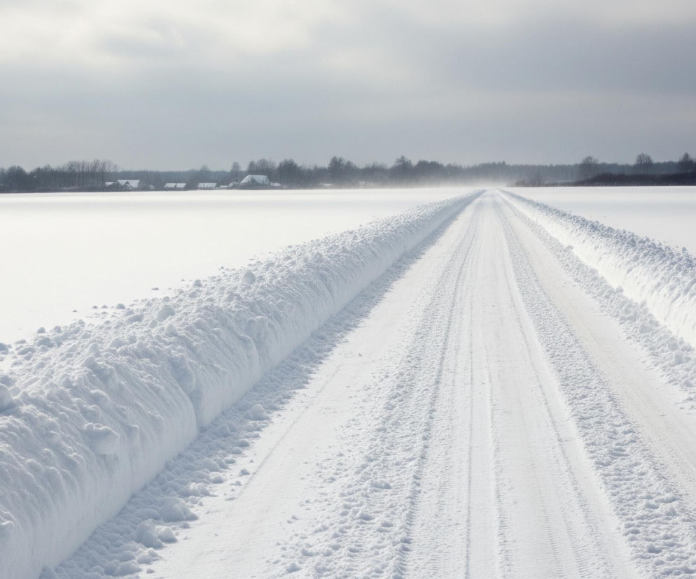 Ośnieżona droga z odśnieżonym pasem biegnie prosto przez równinę pokrytą białym puchem, tworząc wyraźne koleiny od pojazdów. Śnieg po bokach drogi tworzy wysokie, nieregularne wały, rzucające delikatne cienie. W tle widoczna jest linia ciemnych, bezlistnych drzew i kilka domów z zaśnieżonymi dachami, a nad nimi rozciąga się zachmurzone, szare niebo.
