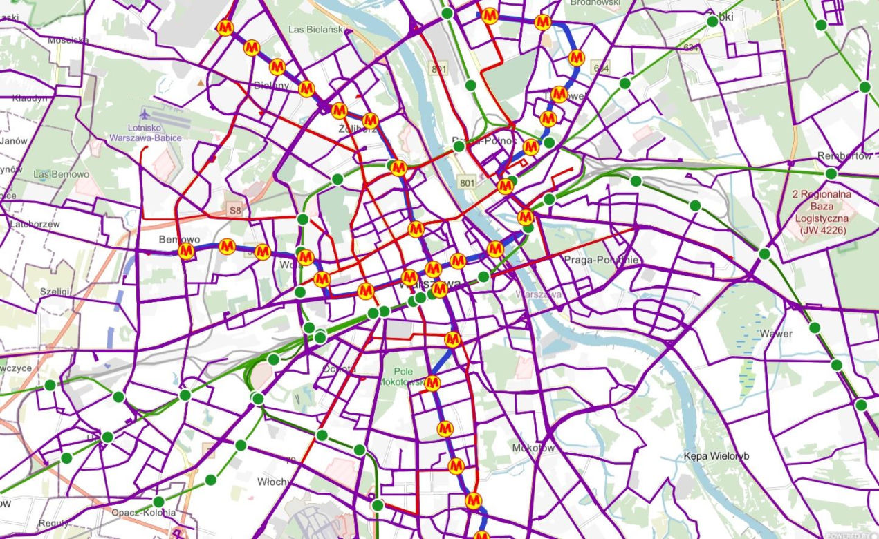 Mapa dostępności środków transportu w Warszawie